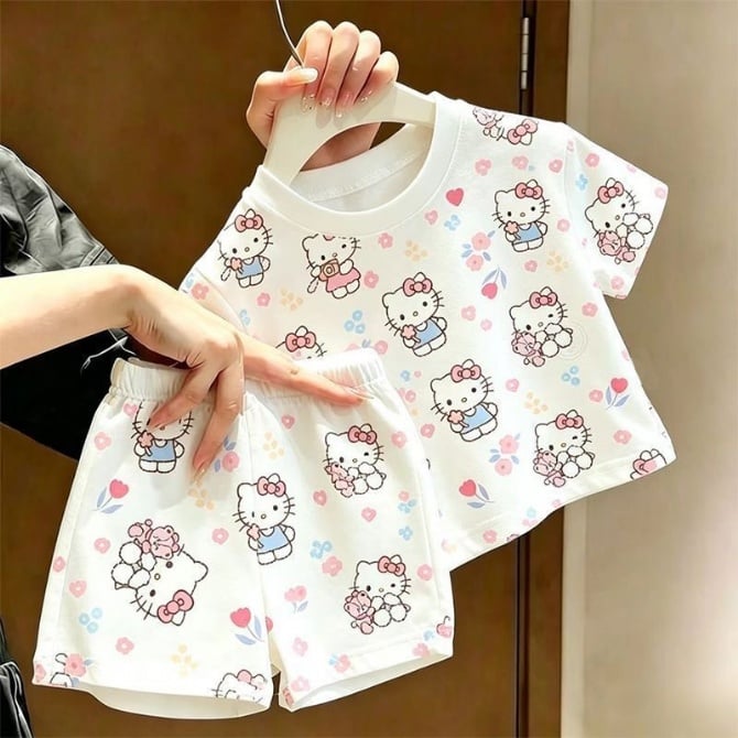 Kids Summer Cartoon hello kitty Print T-Shirt & Shorts 2-Piece Set