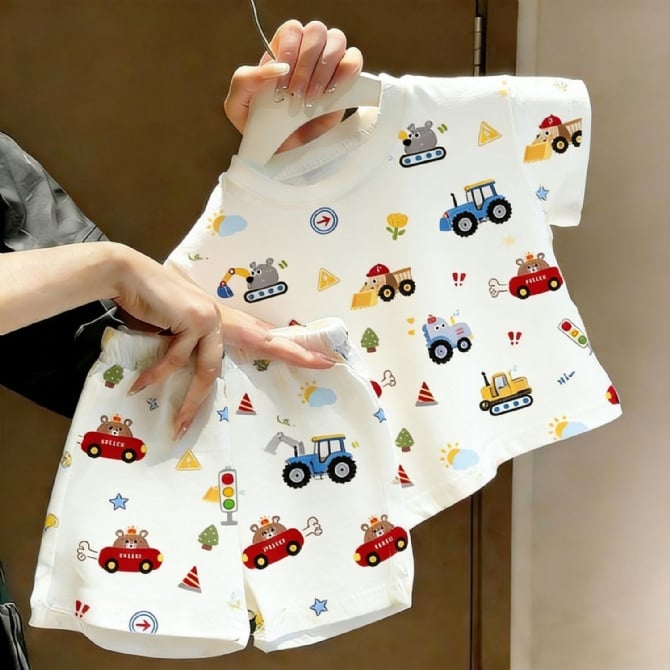 Kids Summer Cartoon Car Print T-Shirt & Shorts 2-Piece Set