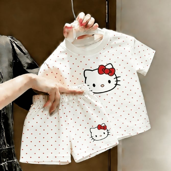 Kids Summer Cartoon kitty Print T-Shirt & Shorts 2-Piece Set