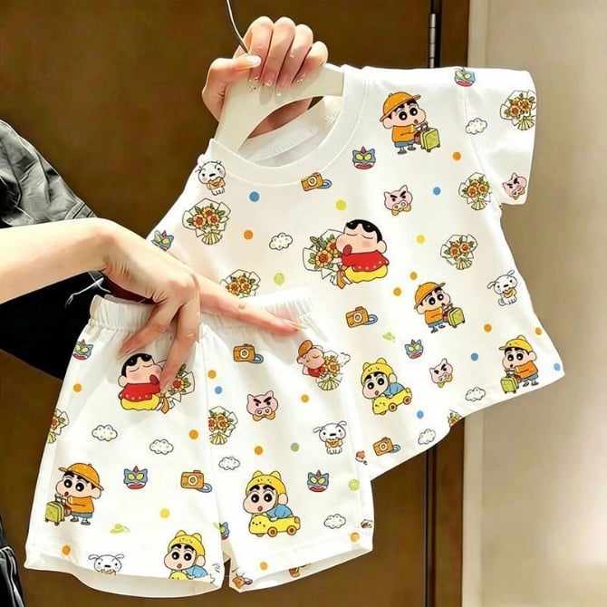 Kids Summer Cartoon Crrayon Shin - chan Print T-Shirt & Shorts 2-Piece Set